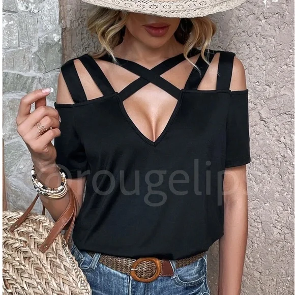 Black Short Sleeve Tee Shirt Top Cold Shoulder Criss Cross Straps - Picture 1 of 7